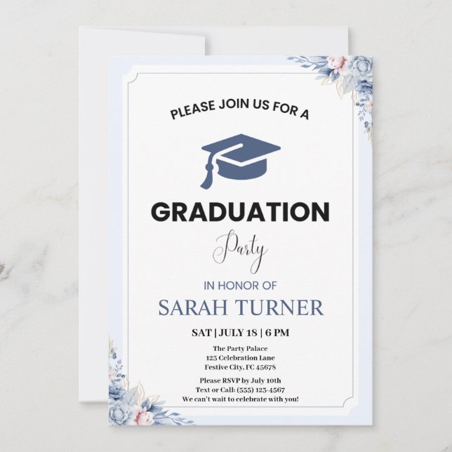 Light Blue Chic Floral Minimalist Graduation Party Invitation (Front)