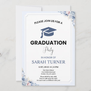 Light Blue Chic Floral Minimalist Graduation Party Invitation