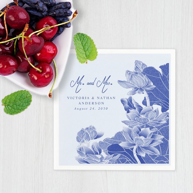 Light Blue Chinoiserie Mr & Mrs Floral Wedding Napkin (Creator Uploaded)