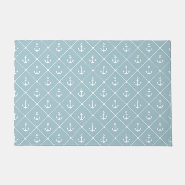 Light Blue Coastal Beach House Nautical Anchors Doormat (Front)
