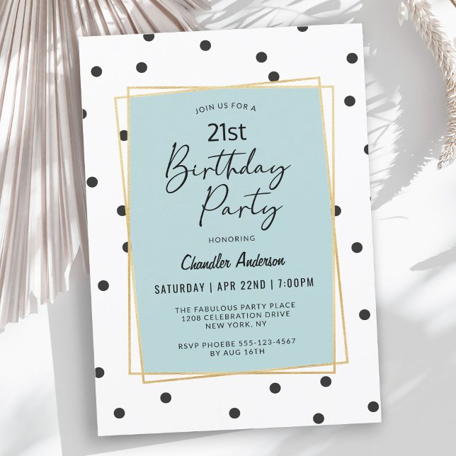 Light Blue Confetti Polka Dots 21st Birthday Party Invitation (Personalize this invitation for any age birthday! Available as printed and digital download!)