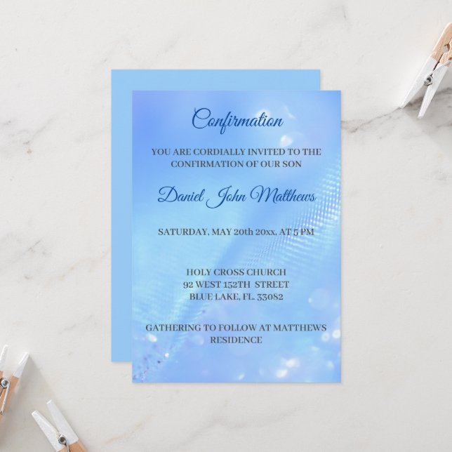 Light Blue Confirmation Ceremony  Invitation (Front/Back In Situ)