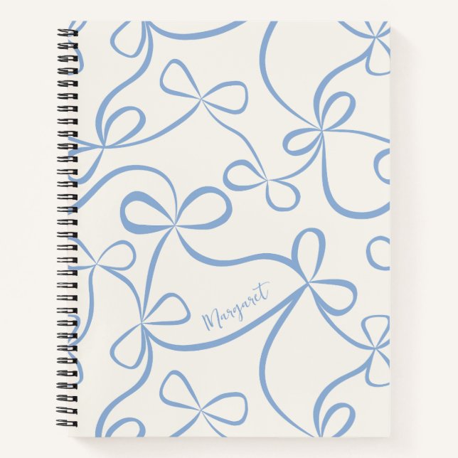 Light Blue Coquette Bow Pattern Custom Name Notebook (Front)