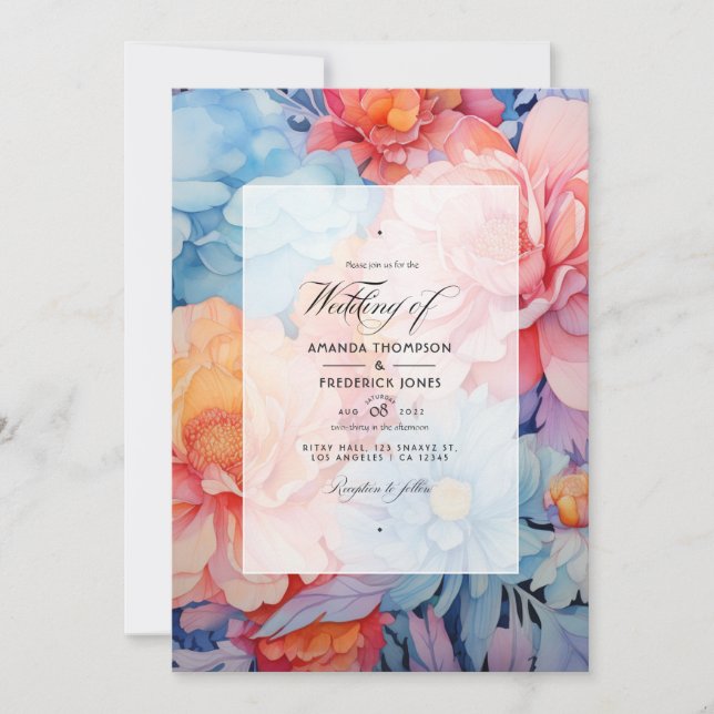 Light Blue,Coral and Peach Wedding Invitation (Front)