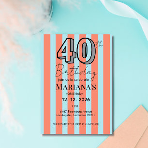 Light Blue & Coral Stripes Modern 40th Birthday Invitation