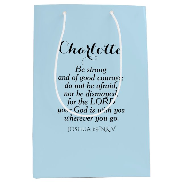 Light Blue Courage Bible Verse Custom Name Simple Medium Gift Bag (Front)