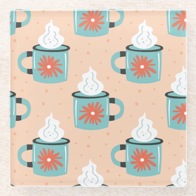 Light Blue Cup Seamless Pattern. Glass Coaster (Front)