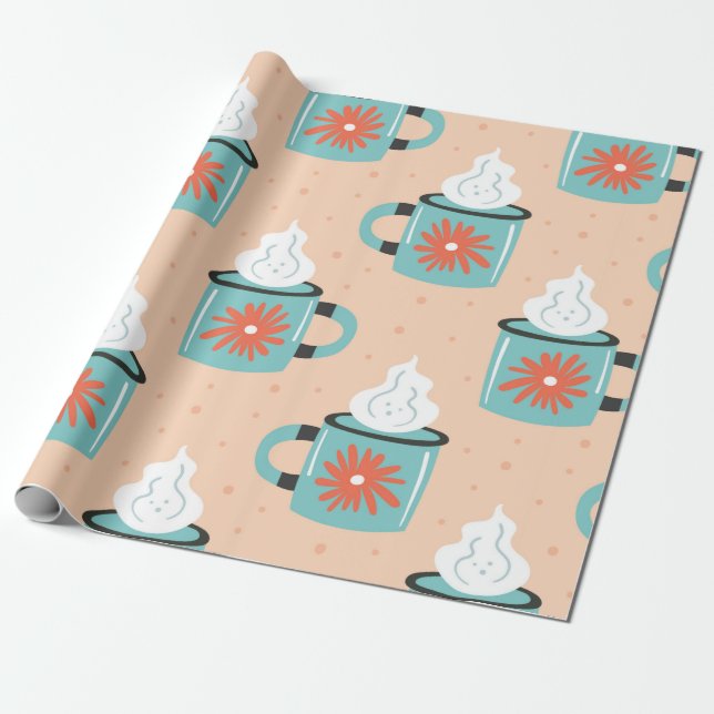 Light blue cup with steam seamless pattern, textur wrapping paper (Unrolled)