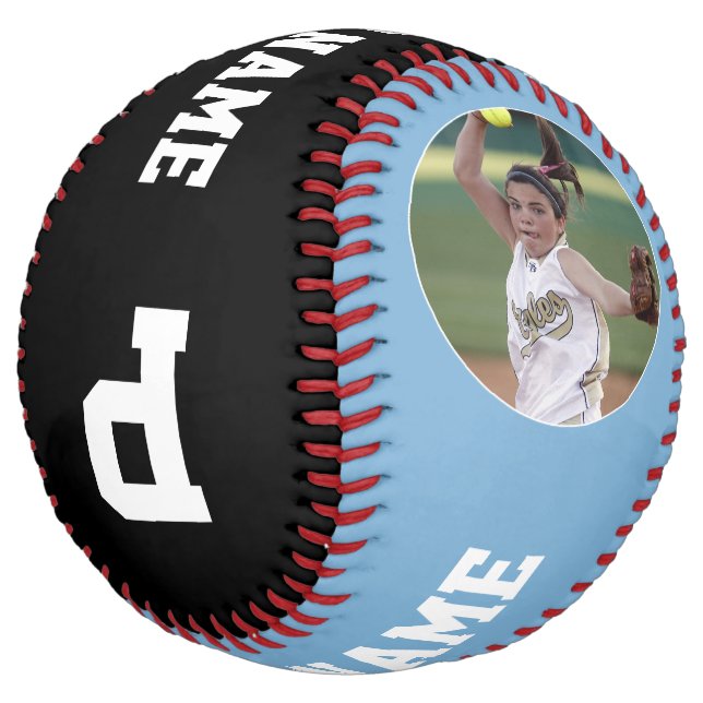 Light Blue Custom Player Photo Name and Number Softball (Angled)
