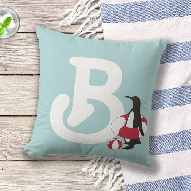 Light Blue Cute Cartoon Penguin Kids Monogram Outdoor Pillow (Creator Uploaded)