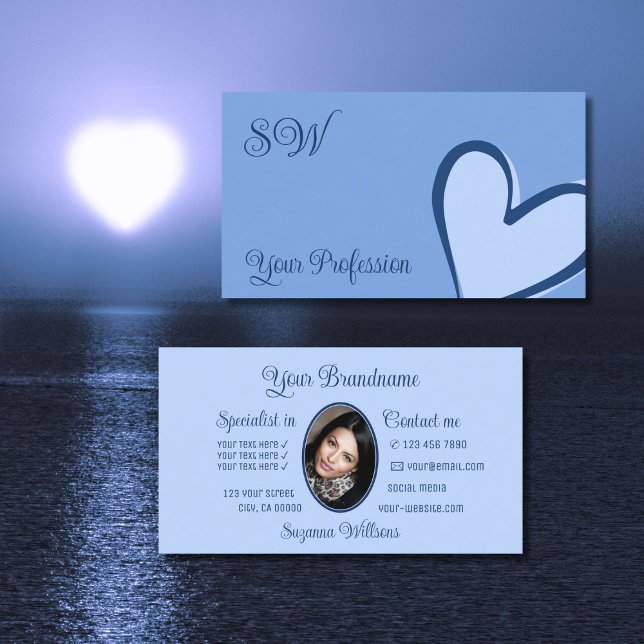 Light Blue Cute Heart Chic with Monogram and Photo Business Card (Creator Uploaded)