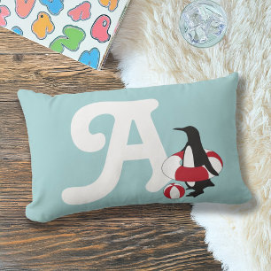 Light Blue Cute Penguin Swimming Kids Monogram Lumbar Pillow