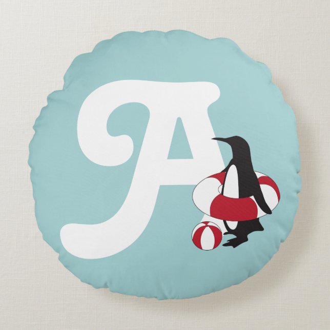 Light Blue Cute Penguin Swimming Kids Monogram Round Pillow (Front)