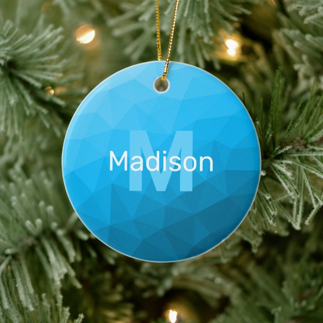 Light blue cyan geometric mesh pattern Monogram Ceramic Ornament (Tree)