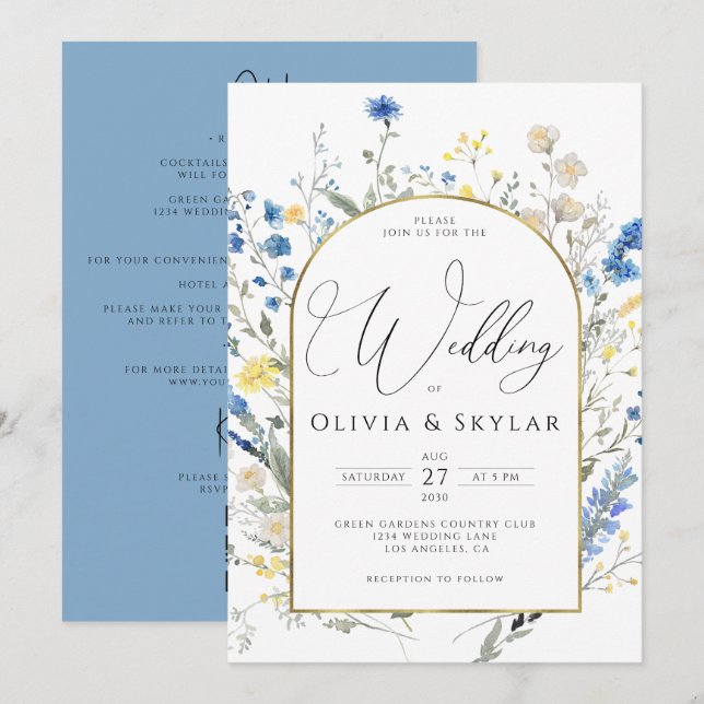 Light Blue Dainty Flowers QR Code All In 1 Wedding Invitation (Front/Back)