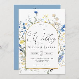 Light Blue Dainty Flowers QR Code All In 1 Wedding Invitation
