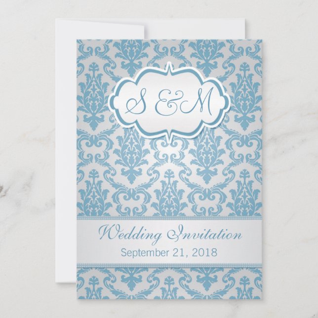 Light blue damask on silver background Wedding Invitation (Front)