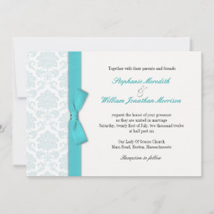 Light Blue Damask Turquoise Bow Wedding Invitation