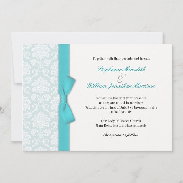 Light Blue Damask Turquoise Bow Wedding Invitation (Front)