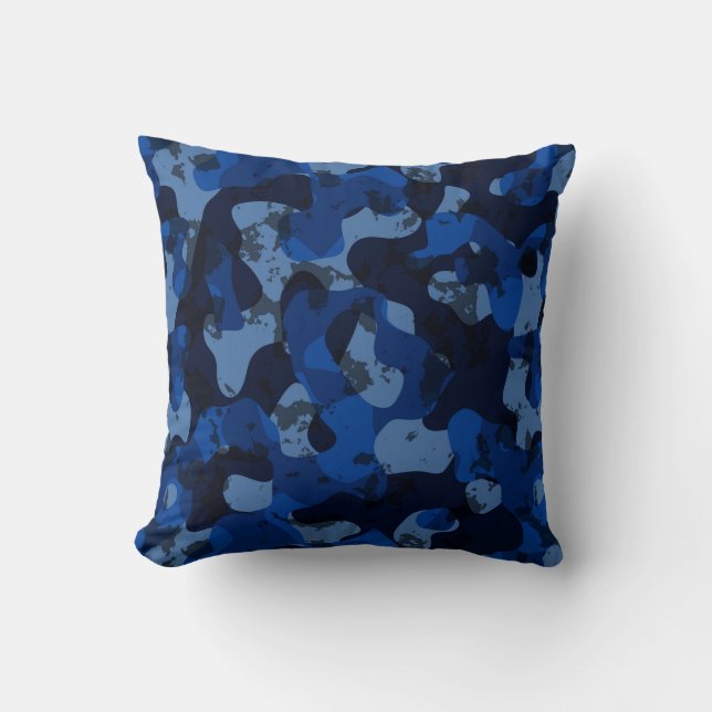 light blue, dark blue, dusty blue camo abstract throw pillow (Front)