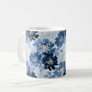 Light blue, dark blue flowers on light gray coffee mug