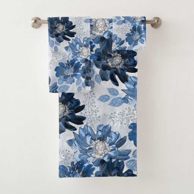 Light blue, dark blue flowers on light grey bath towel set (Insitu)