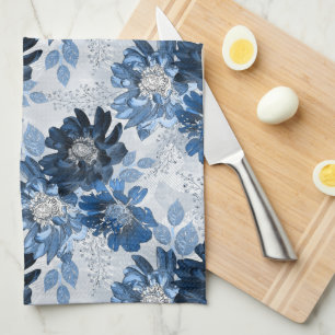 Light blue, dark blue flowers on light grey kitchen towel