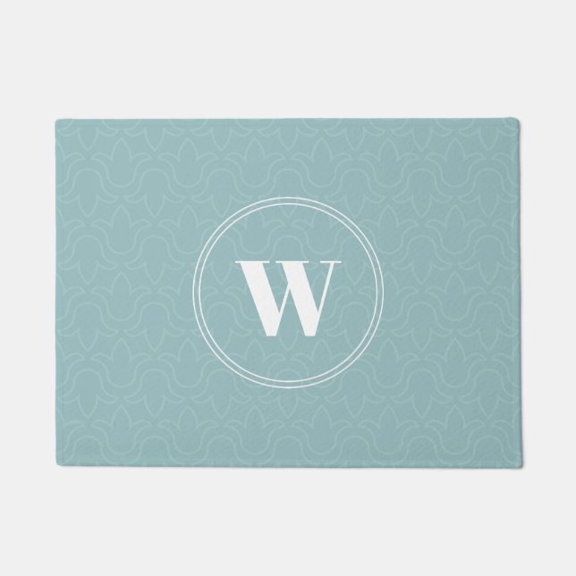 Light blue discreet floral pattern blue monogram doormat (Front)