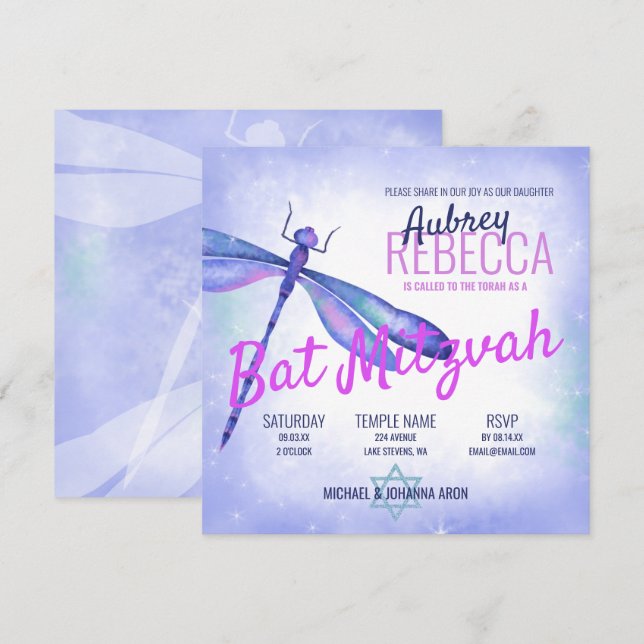 Light Blue Dragonfly Bat Mitzvah Invitation (Front/Back)