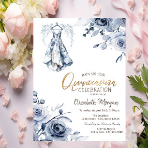Light Blue Dress Blue Roses Quinceañera   Invitation