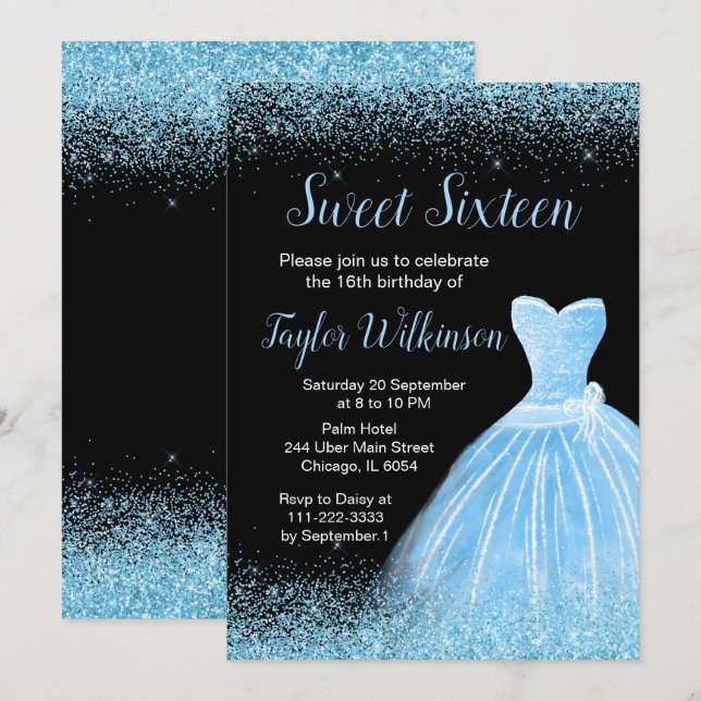 Light Blue Dress Faux Glitter Sweet 16 Birthday Invitation (Front/Back)
