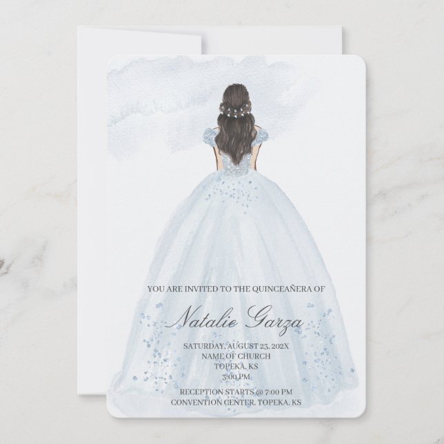 Light blue dress quinceañera invite (Front)