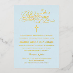 Light Blue Elegant Calligraphy Christening Gold