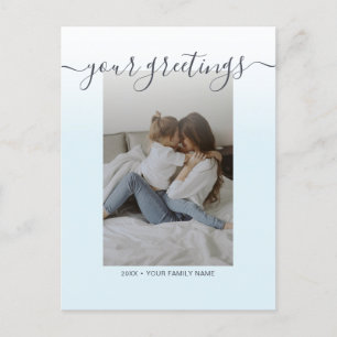 Light blue Elegant Script Family Photo Greetings Postcard