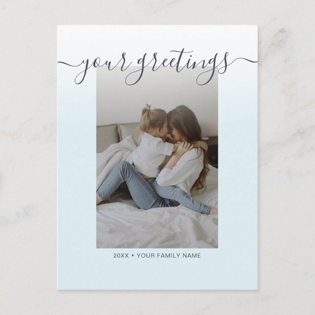 Light blue Elegant Script Family Photo Greetings Postcard (Front)
