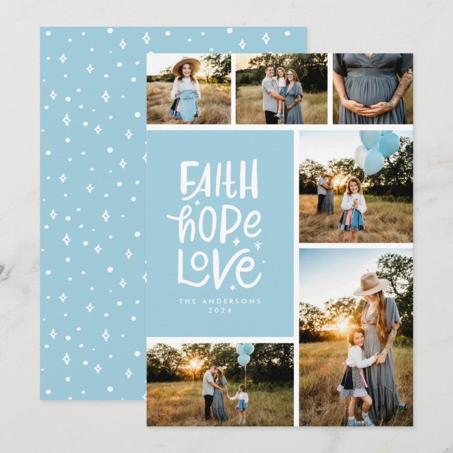 Light blue faith hope love multiple Photo Holiday Card (Front/Back)