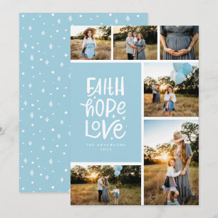 Light blue faith hope love multiple Photo Holiday Card