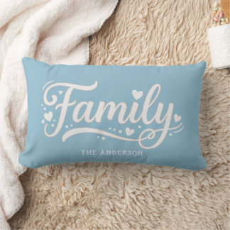 Light Blue Family Heart Script Monogram Lumbar Pillow