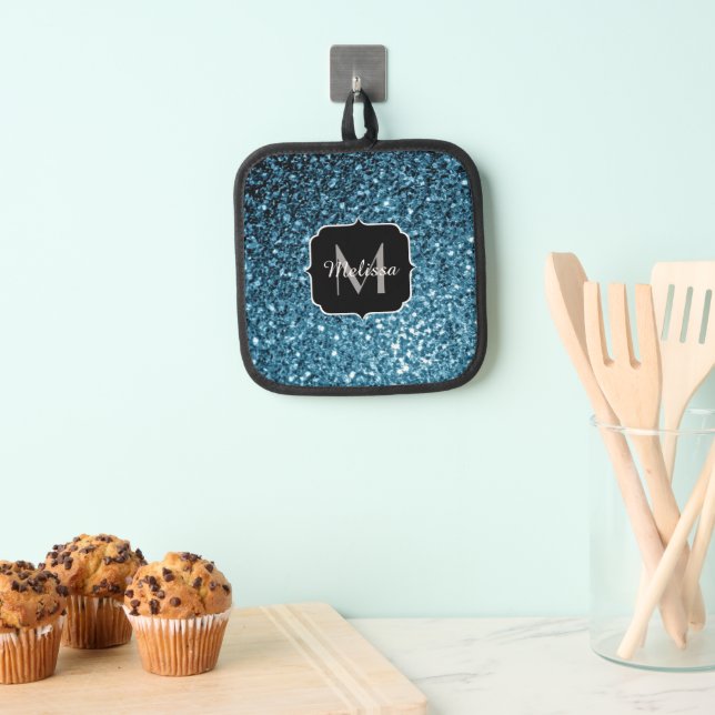 Light blue faux glitter sparkles Monogram Pot Holder (Insitu(Hanging))