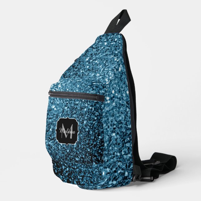 Light blue faux glitter sparkles Monogram Sling Bag (Right Corner)
