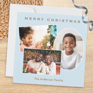 Light Blue Faux Gold 3 Photos Gallery Christmas Holiday Card