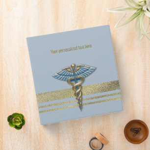 Light Blue Faux Gold Foil Stripes Medical Caduceus Binder