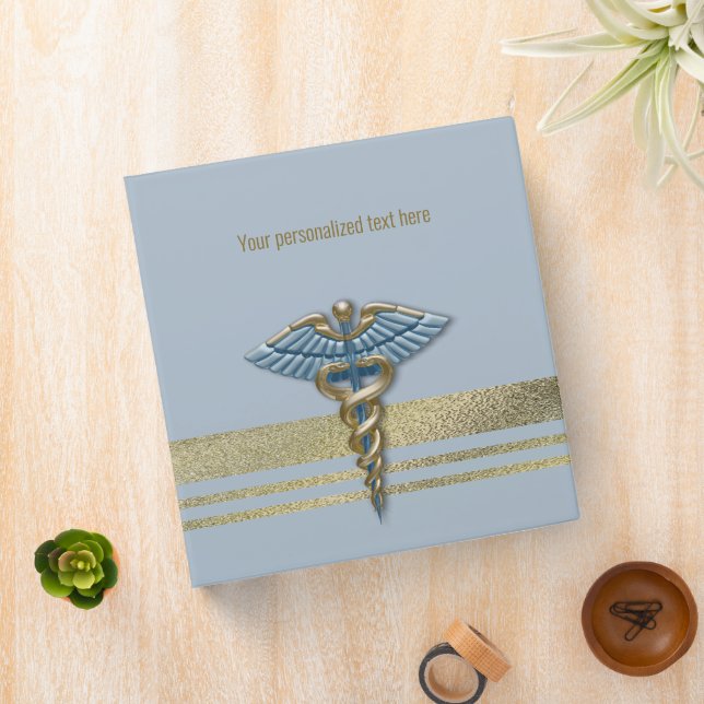 Light Blue Faux Gold Foil Stripes Medical Caduceus Binder (In Situ)