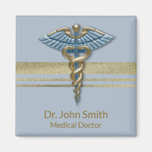 Light Blue Faux Gold Foil Stripes Medical Caduceus Magnet