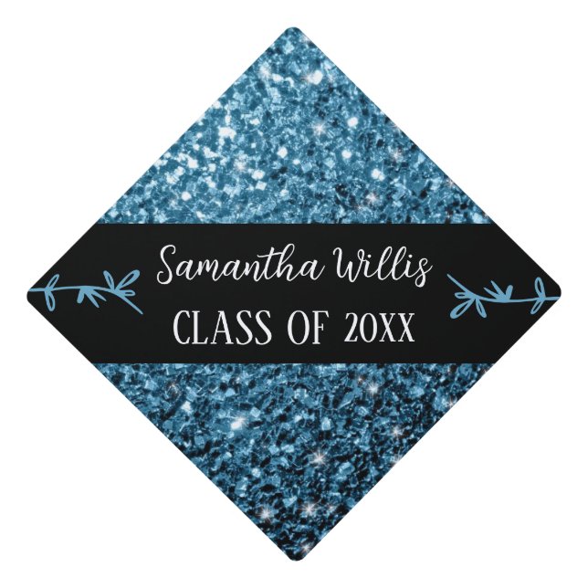 Light blue faux sparkles Custom name Class Graduation Cap Topper (Front)