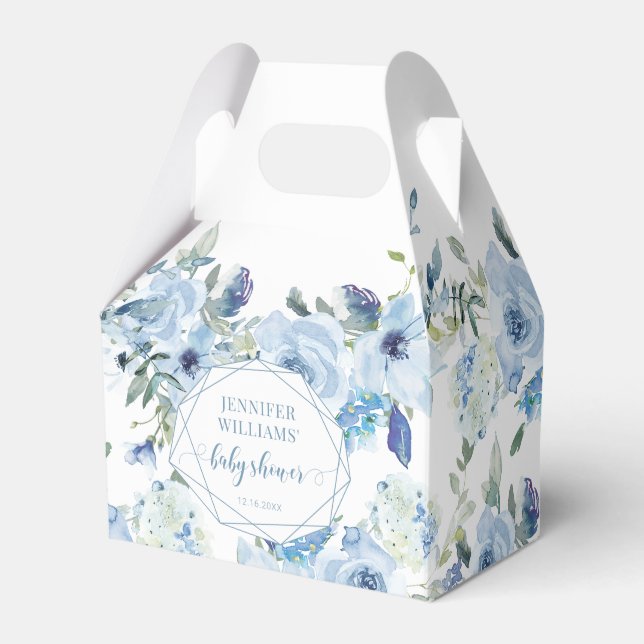 Light blue floral baby boy shower candy favour box (Front Side)