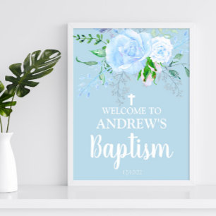 Light Blue Floral Baptism Boy Welcome 8x10 Poster
