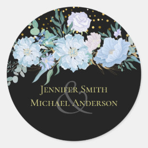 Light Blue Floral Black Modern Wedding Budget Classic Round Sticker