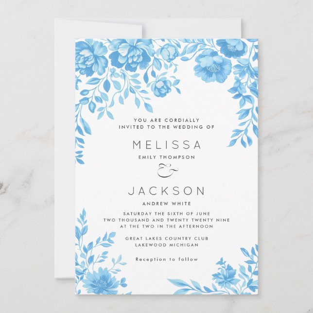 Light Blue Floral Border Wedding Invitation (Front)
