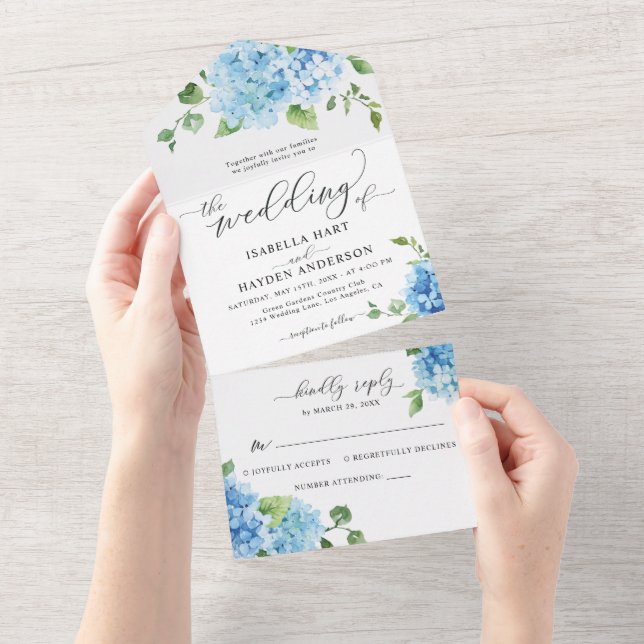 Light Blue Floral Botanical Hydrangea Boho Wedding All In One Invitation (Tearaway)